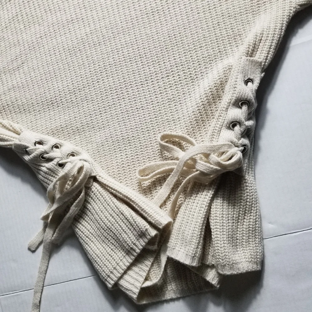 PINK ROSE WOMEN'S CREAM KNIT SWEATER WIT SIDE TIES SIZE LARGE